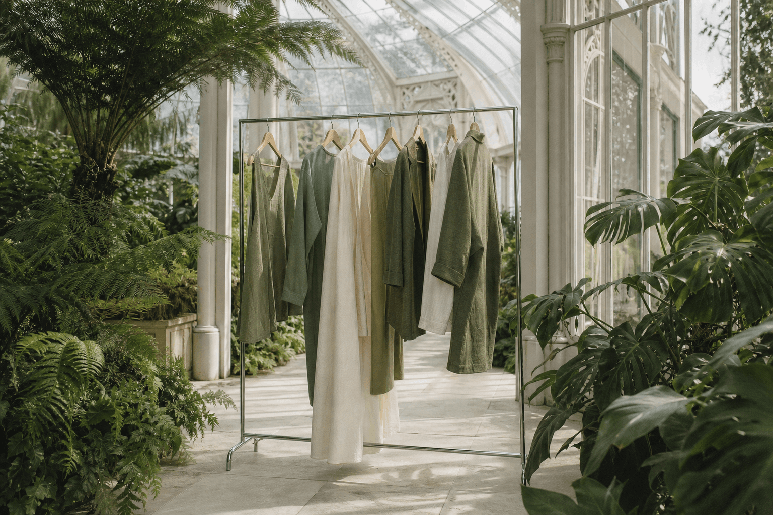 A chrome clothing rail with garments inside a bright glasshouse full of ferns